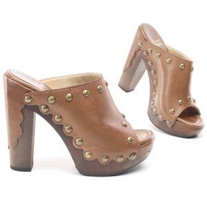Stuart Weitzman Leather Sequoia Studded Heeled Chunky Mules Clogs W6 Brown/Gold